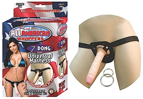 "All American Whoppers 7-Inch Dong With Universal Harness-Flesh NW2325-1"