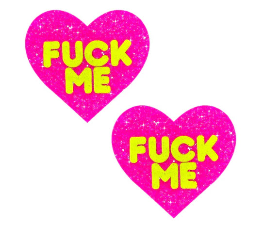 "F*Ck Me Blacklight Neon Super Sparkle Nipple Cover Pasties Pink Glitter NN-YFM-HRT-SSWP"