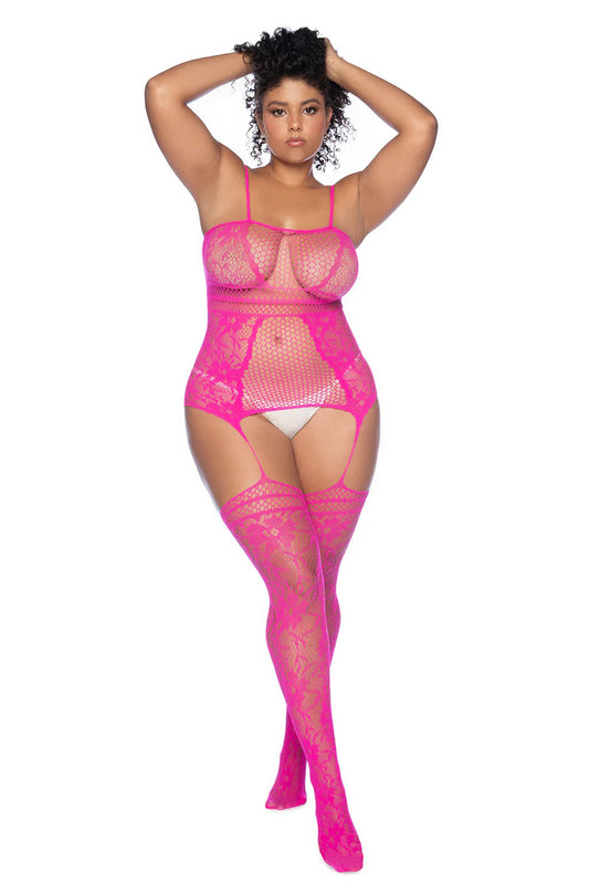"Curvy Aria Fishnet Body Stocking - X - Pink GE-1105XNPOS"